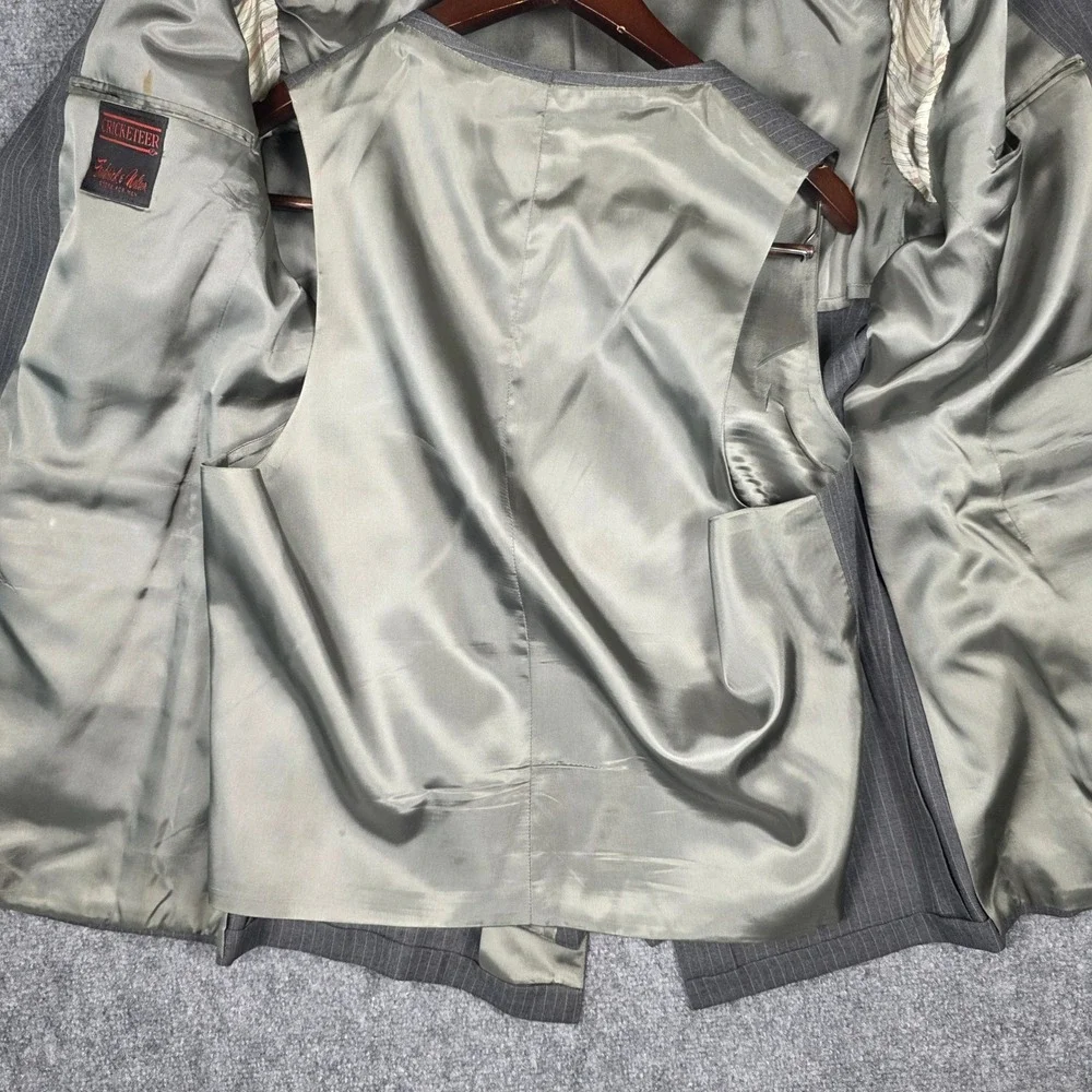 Vtg Cricketeer 3 Piece Suit Mens 42L Grey Wool Pinstripe Union Made USA Mobster